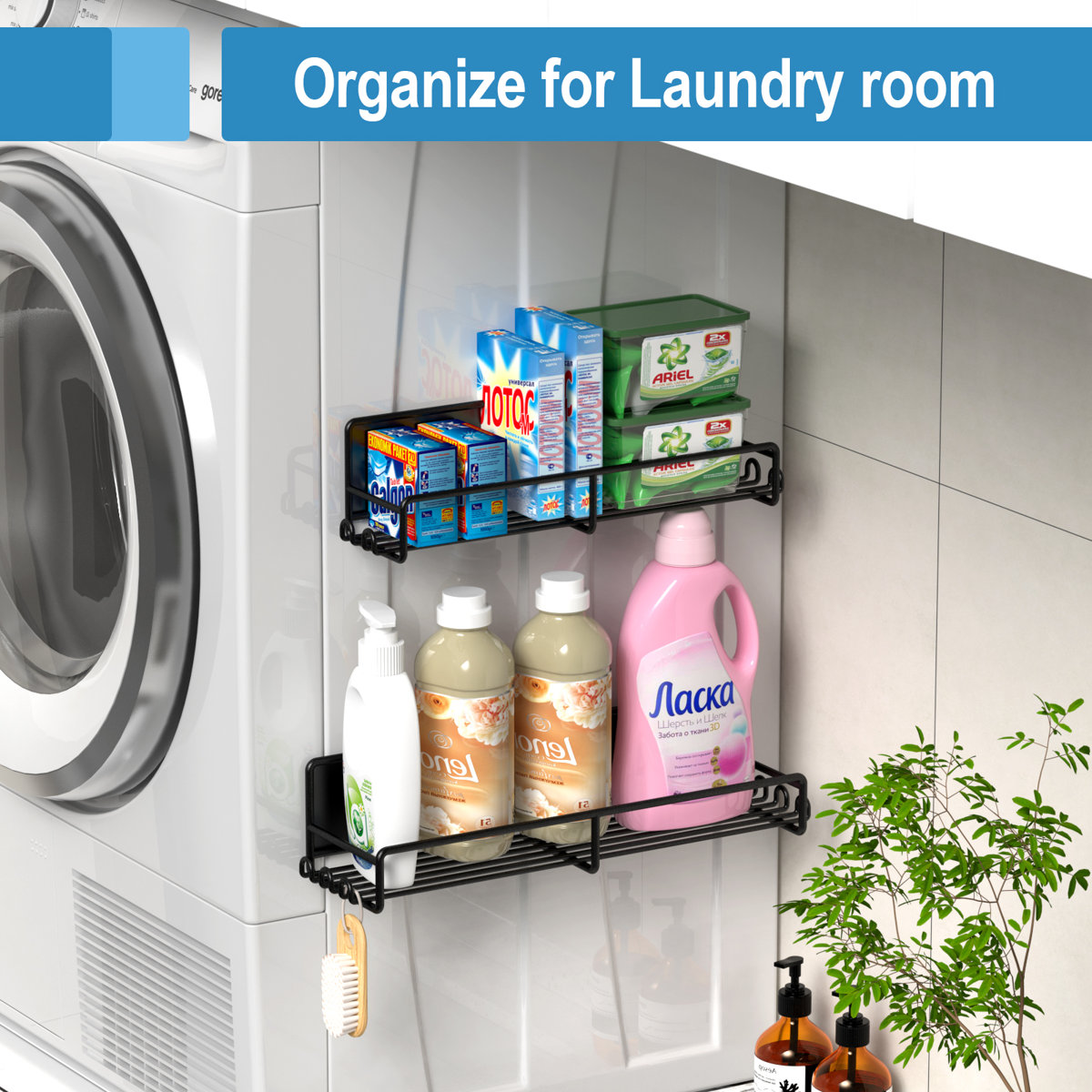 6 Pack Magnetic Fridge Shelf with Hooks, Spice Organizer Shelf for Kitchen Organization and Storage, Seasoning Organizer Gadgets for Metal Surface (Set of 6)